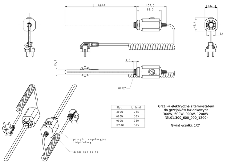 GRZAŁKA ELEKTR. DO GRZEJNIKA 1200W SREBRNY MAT (GL01.1200SLM)