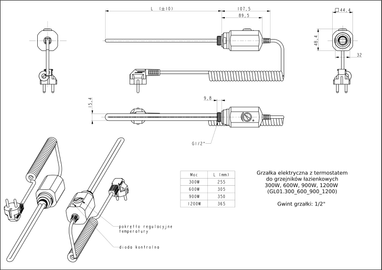 GRZAŁKA ELEKTR. DO GRZEJNIKA 1200W SREBRNY MAT (GL01.1200SLM)